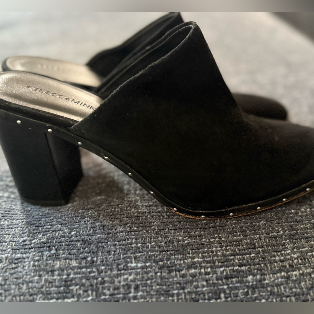 Rebecca Minkoff Galyn Black Suede Leather Studded Heeled Mules Womens Size 9